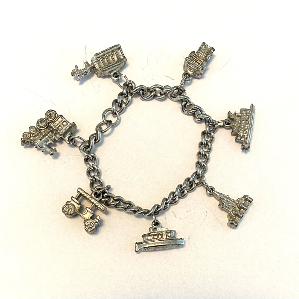 Vintage Silver Charm Bracelet with Travel Theme